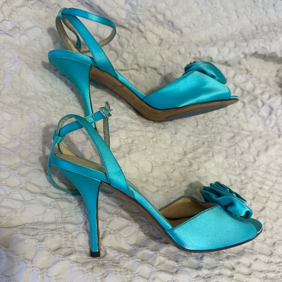 Kate Spade turquoise aqua blue satin leather sandals open toe heels rose 6.5 - Picture 2 of 6